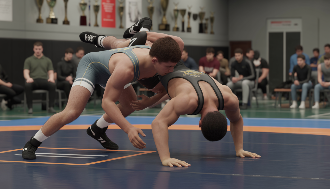 Two wrestlers in action, one bridging, one reversing, on blue mat