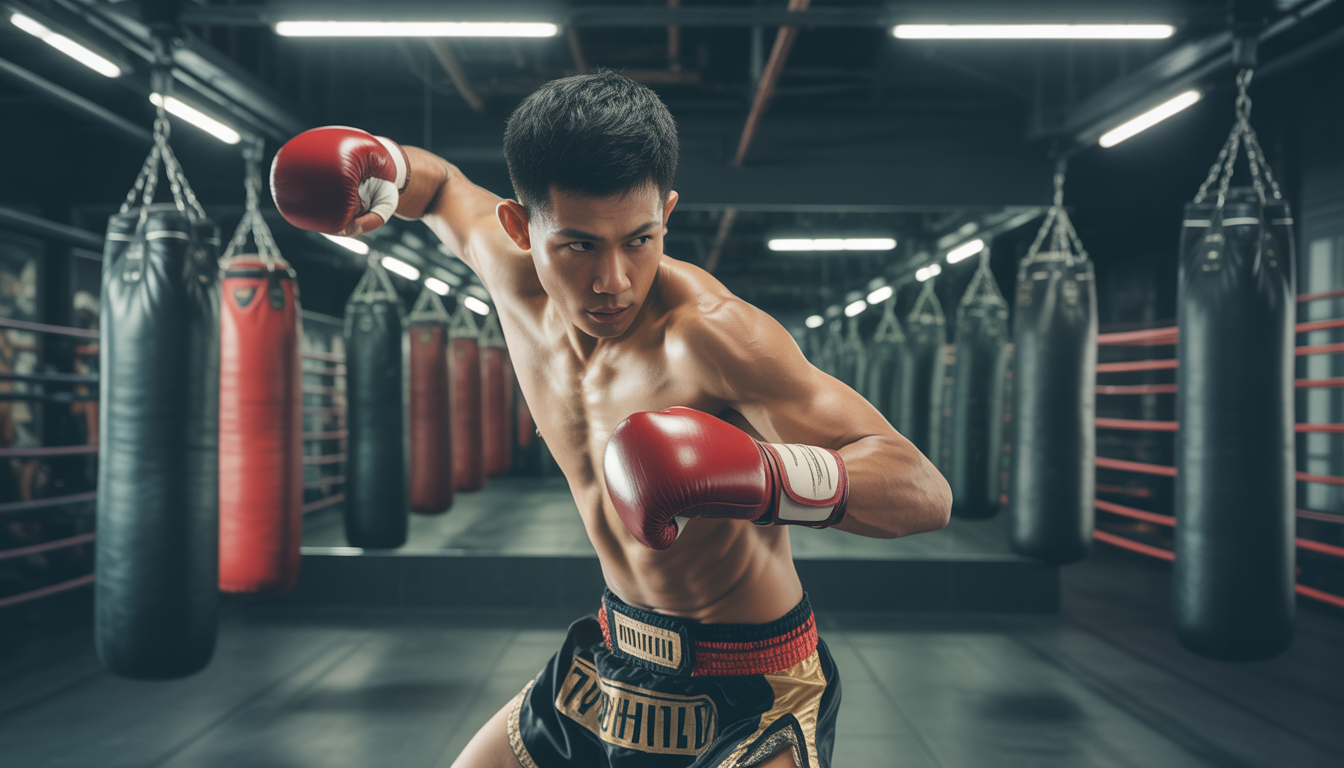 Photorealistic Muay Thai fighter in combat stance inside gym