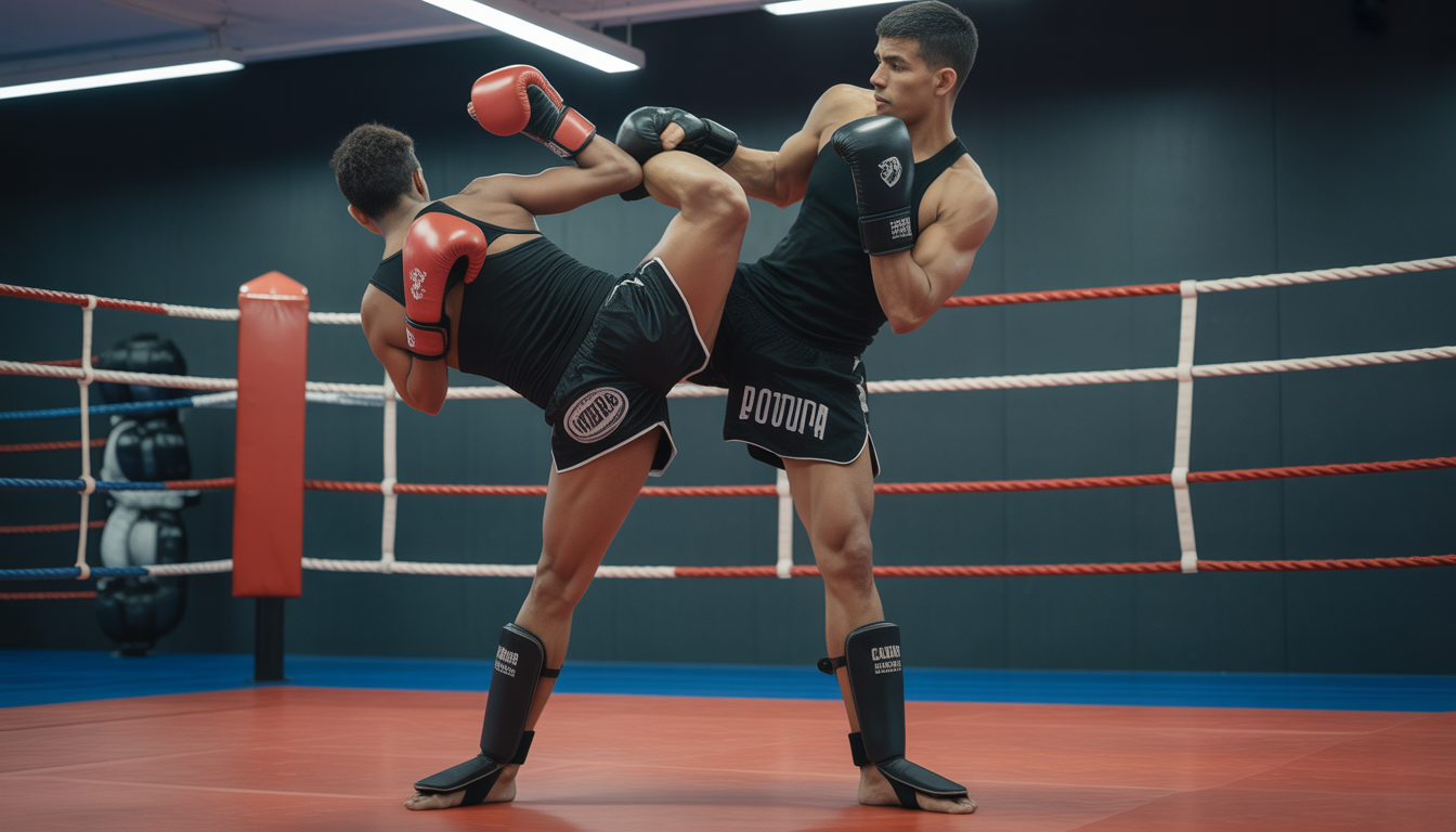 Kickboxeur exécutant des coups dynamiques dans une salle de sport à Paris