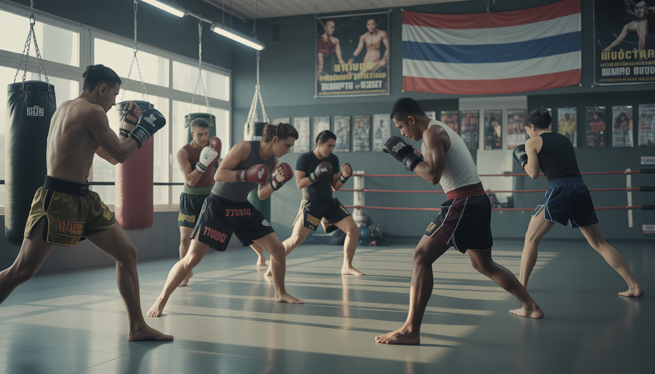 Diverse group practicing Muay Thai in a bright gym with punching bags