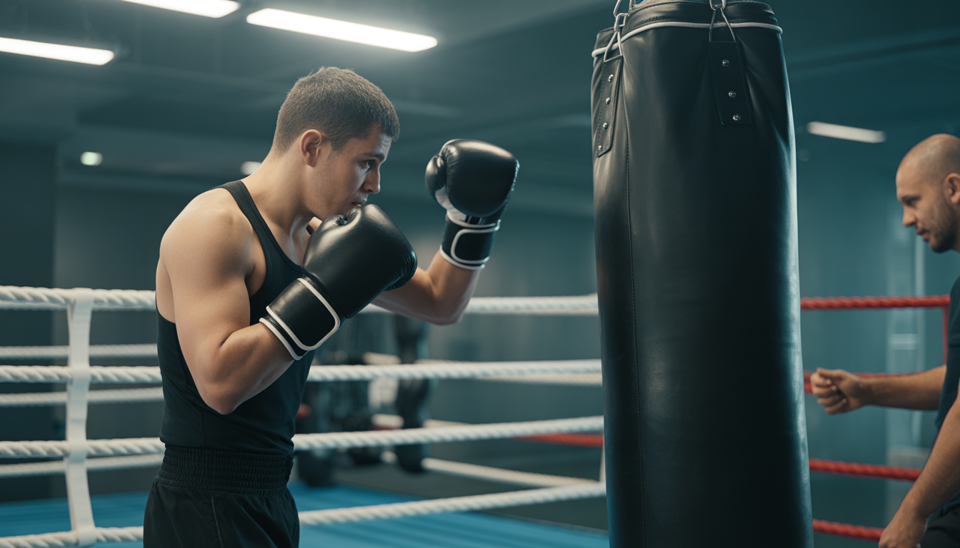 Boxeur frappant un sac de frappe dans une salle de boxe avec un coach