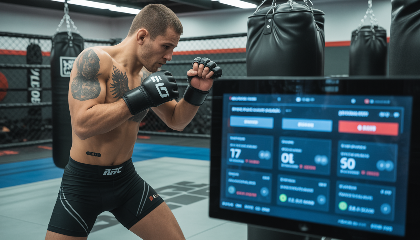 Combattant MMA s'entraînant dans une salle parisienne avec sacs de frappe et écran numérique