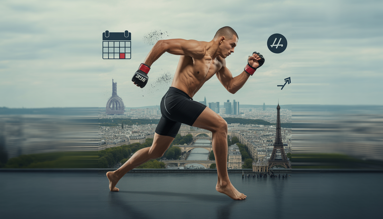 Combattant de MMA en mouvement devant un paysage urbain flou de Paris