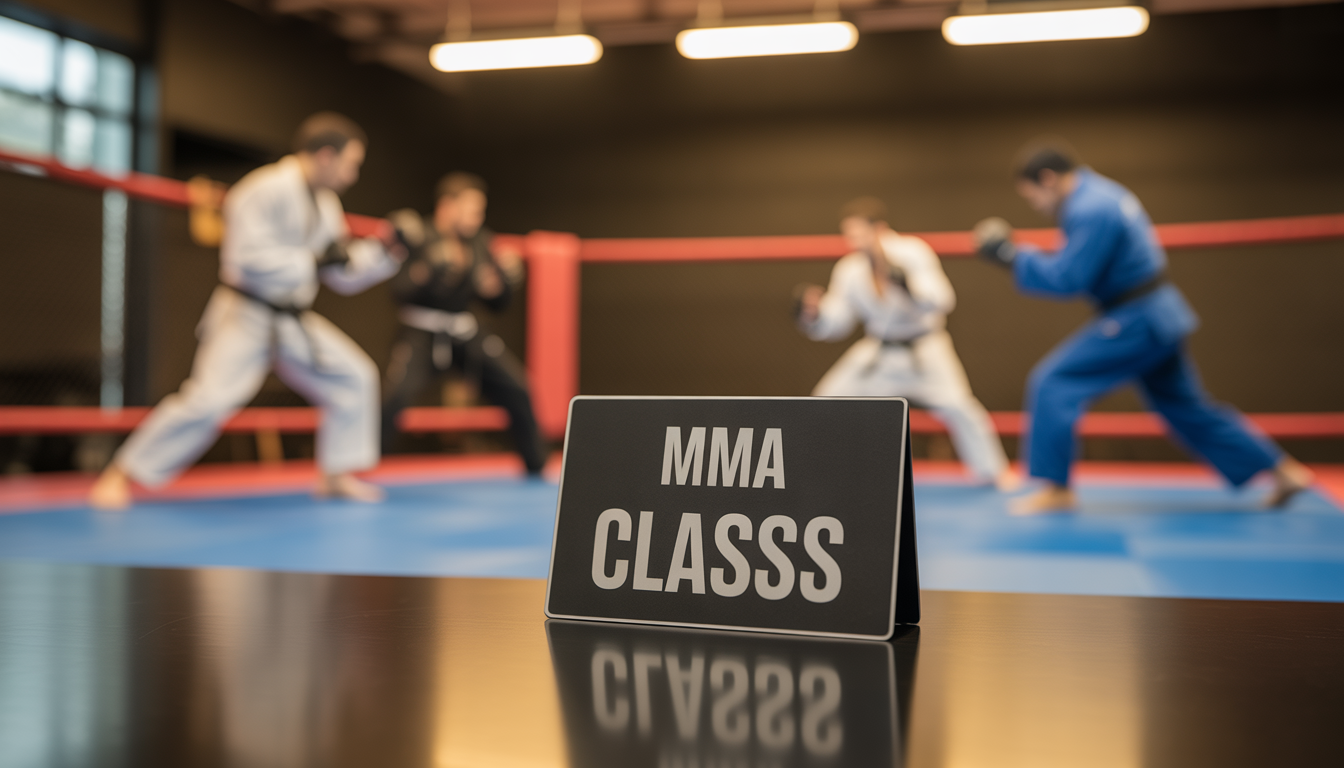 Carte de cours MMA posée sur une table avec des combattants en action en arrière-plan