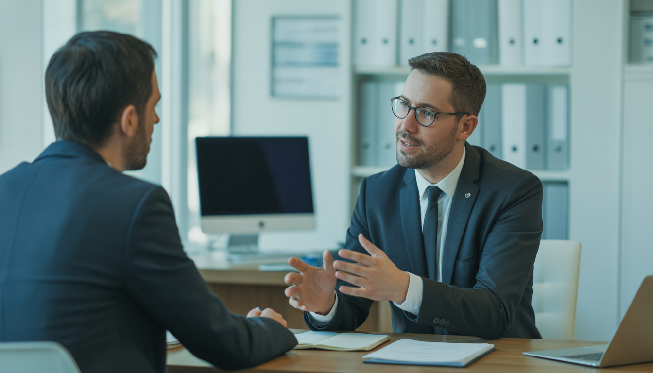 Insurance agent speaking with client in modern Paris office