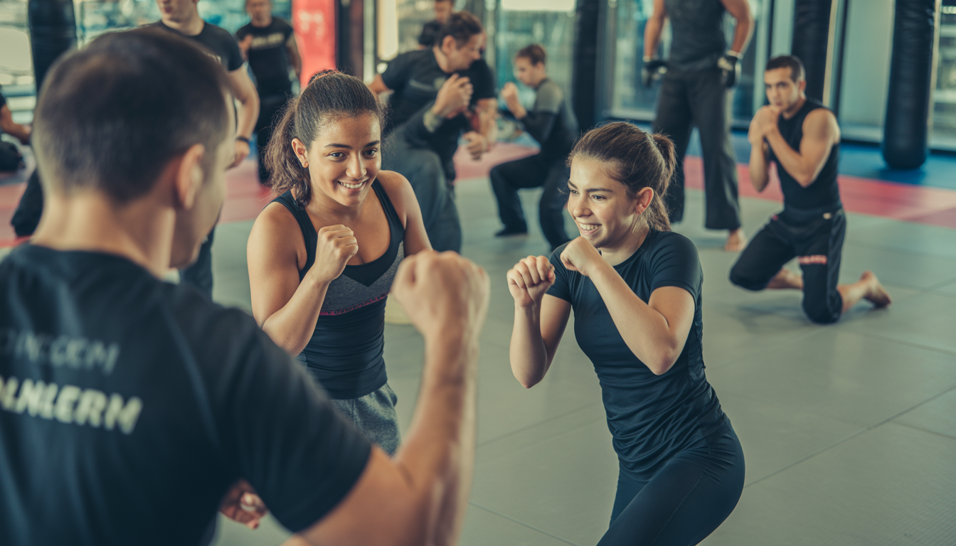 Groupe diversifié s'échauffant au MMA avec coach dans une salle moderne