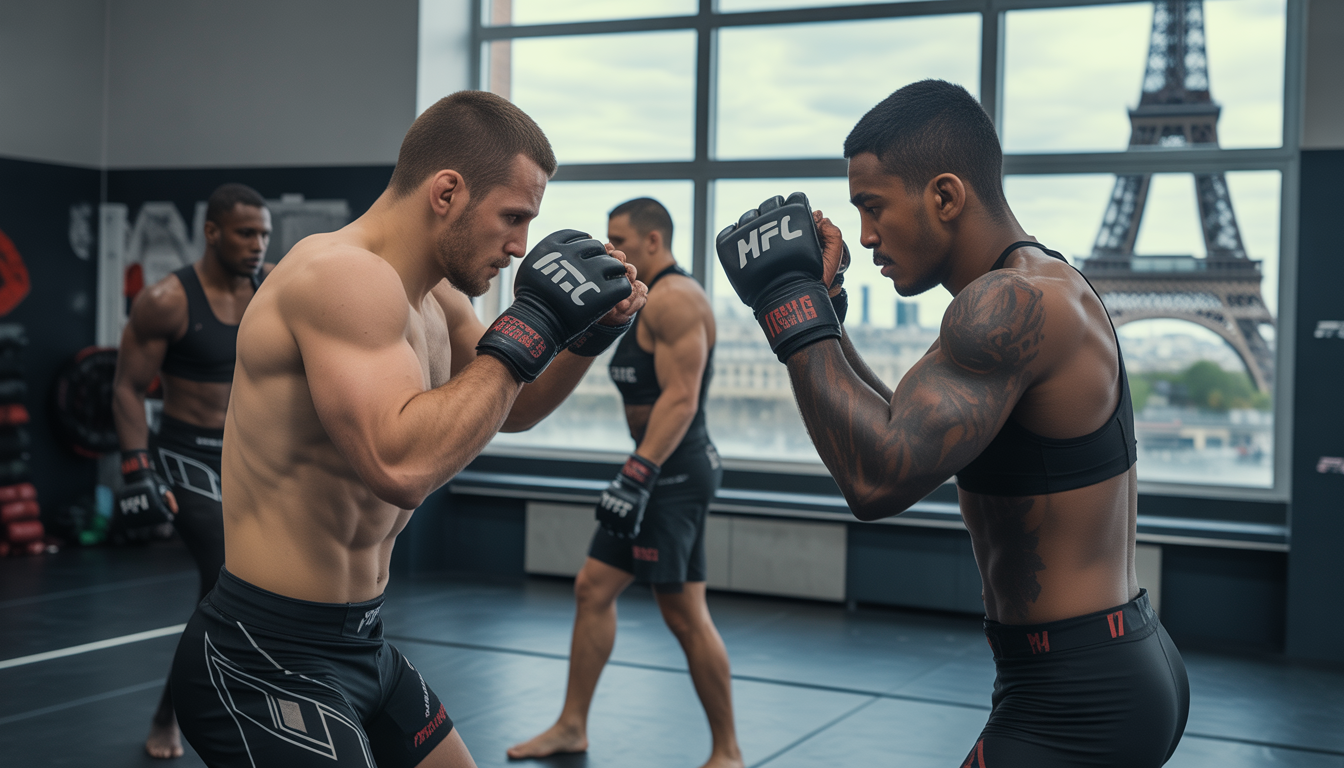 Combattants MMA s'entraînant dans une salle à Paris avec la Tour Eiffel en arrière-plan
