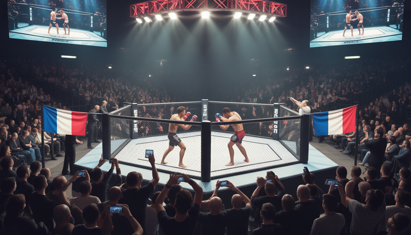 Deux combattants de MMA dans un octogone à Paris, sous les projecteurs, avec le public en arrière-plan