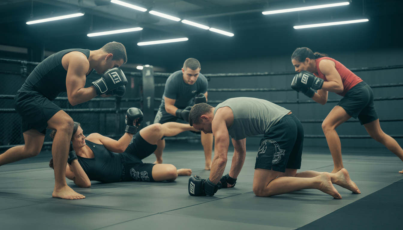 Hommes et femmes s'échauffant en MMA sous supervision