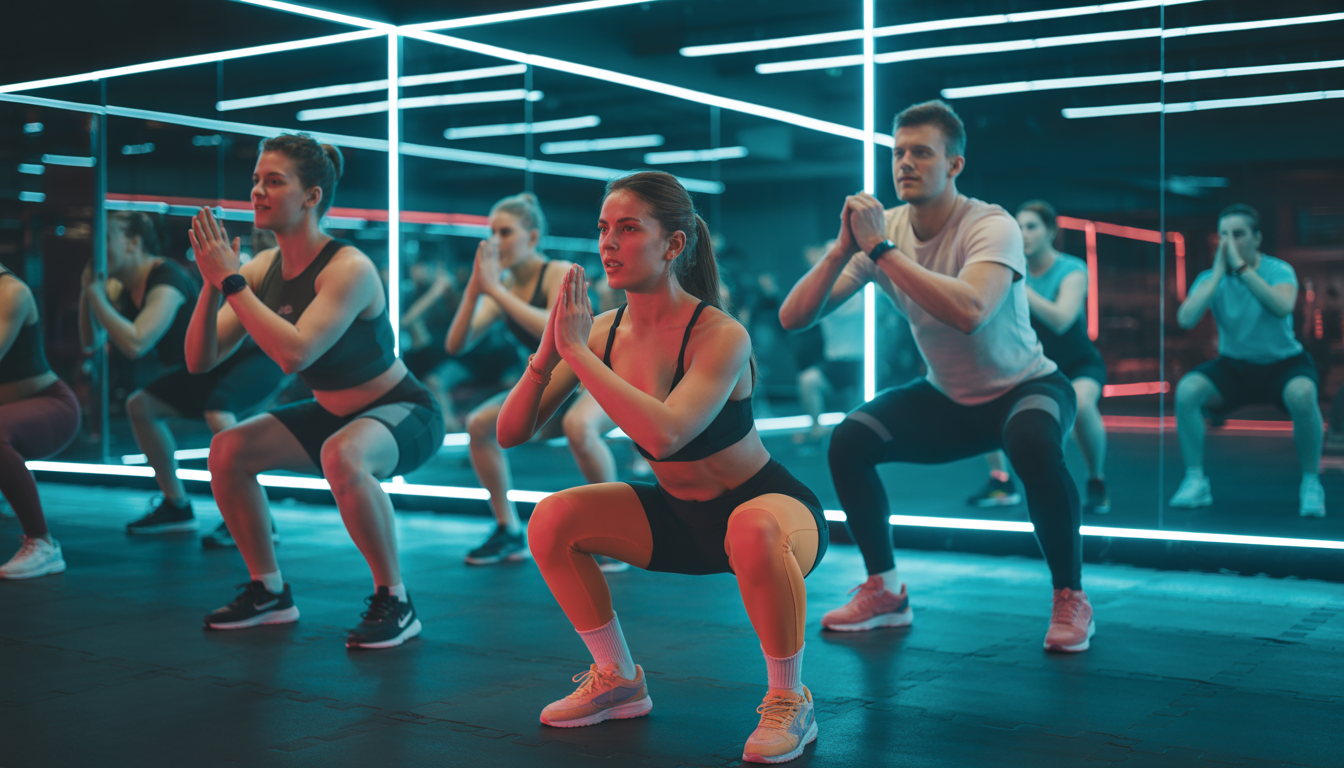 Femme faisant des squats dans une salle de sport moderne avec éclairage néon