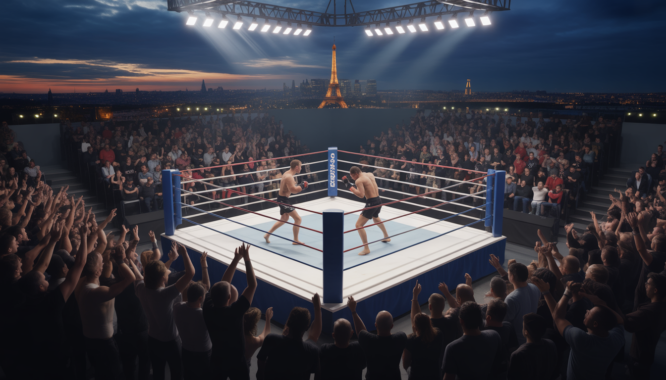 Combattants de MMA en action dans une arène éclairée avec la skyline de Paris en arrière-plan