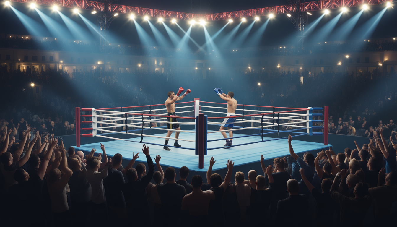 Deux combattants s'affrontent dans une arène parisienne éclairée de nuit, foule en liesse