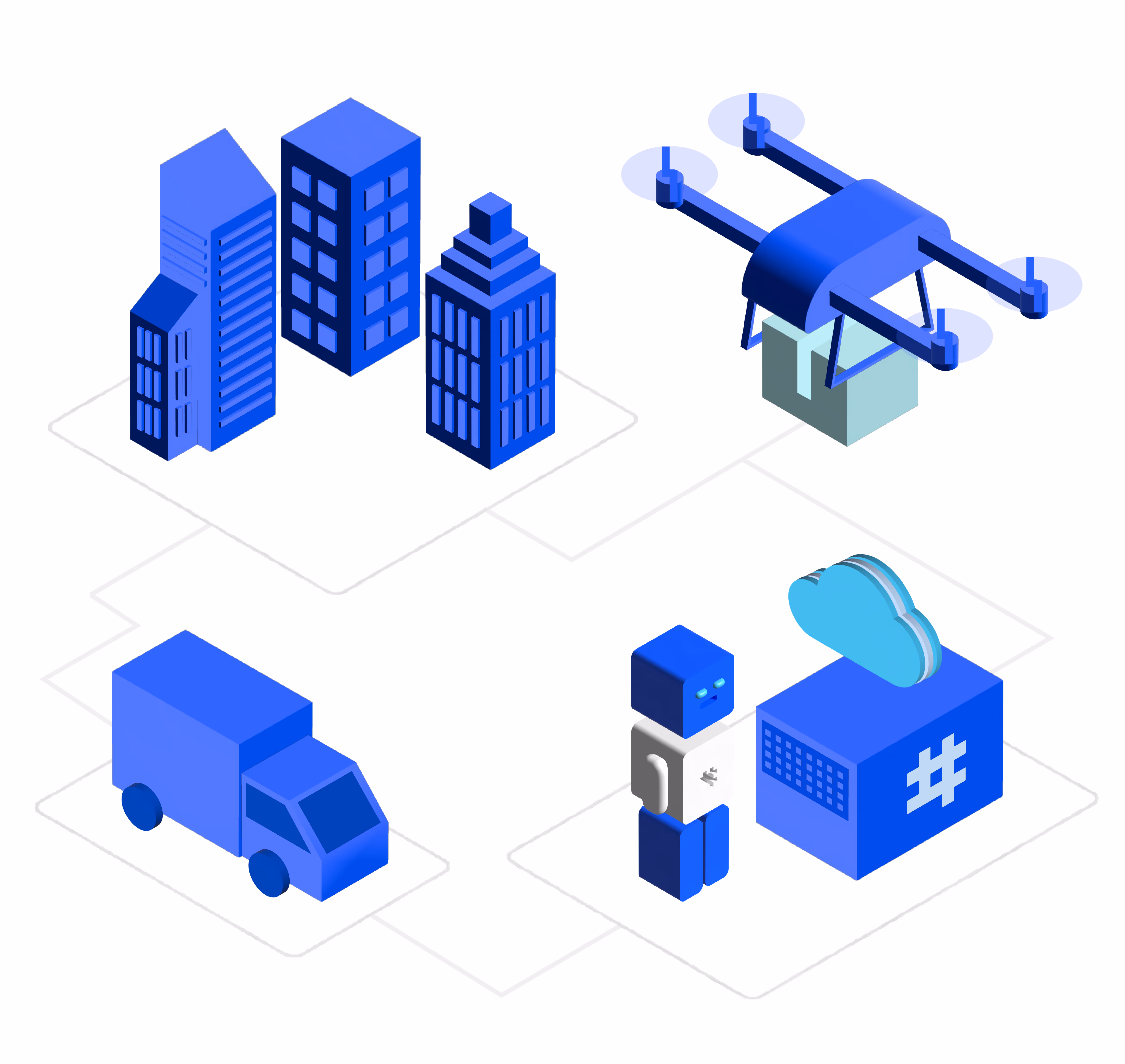 AI-powered autonomous robots coordinating logistics, fleet management, cloud systems, and smart city infrastructure in real time.