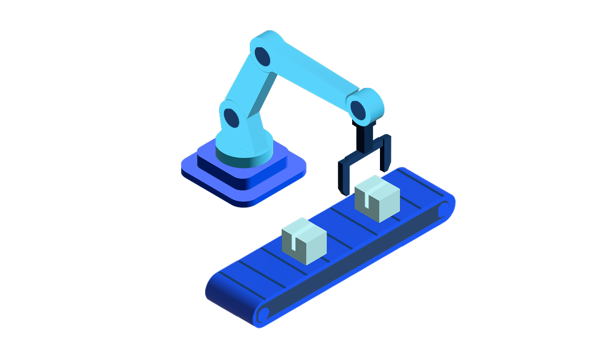Illustration of industrial robot executing physical tasks with full coordination