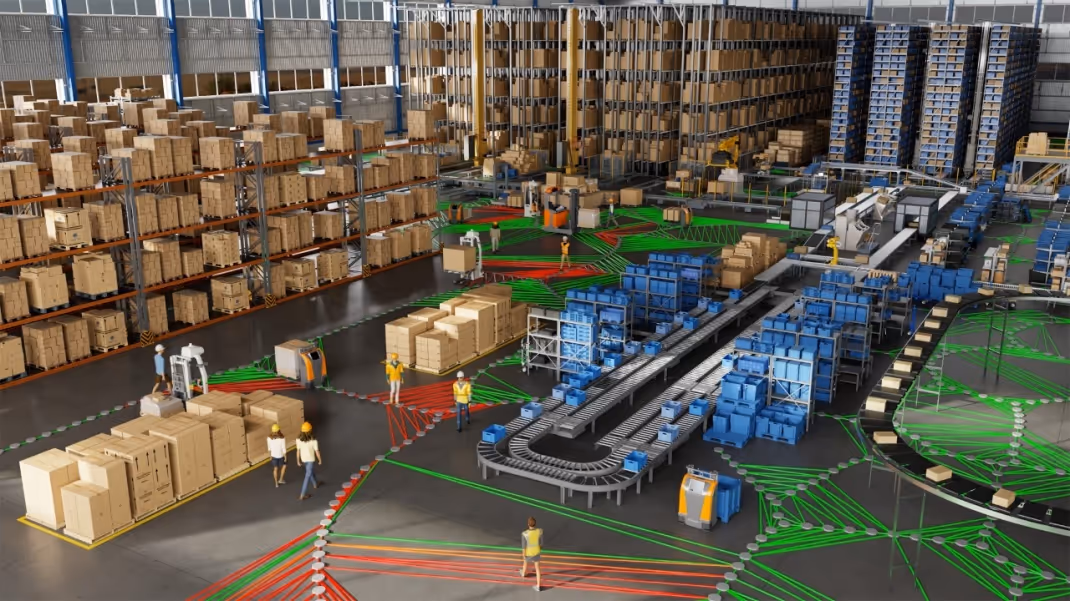 3D digital twin model of warehouse with robotic navigation paths