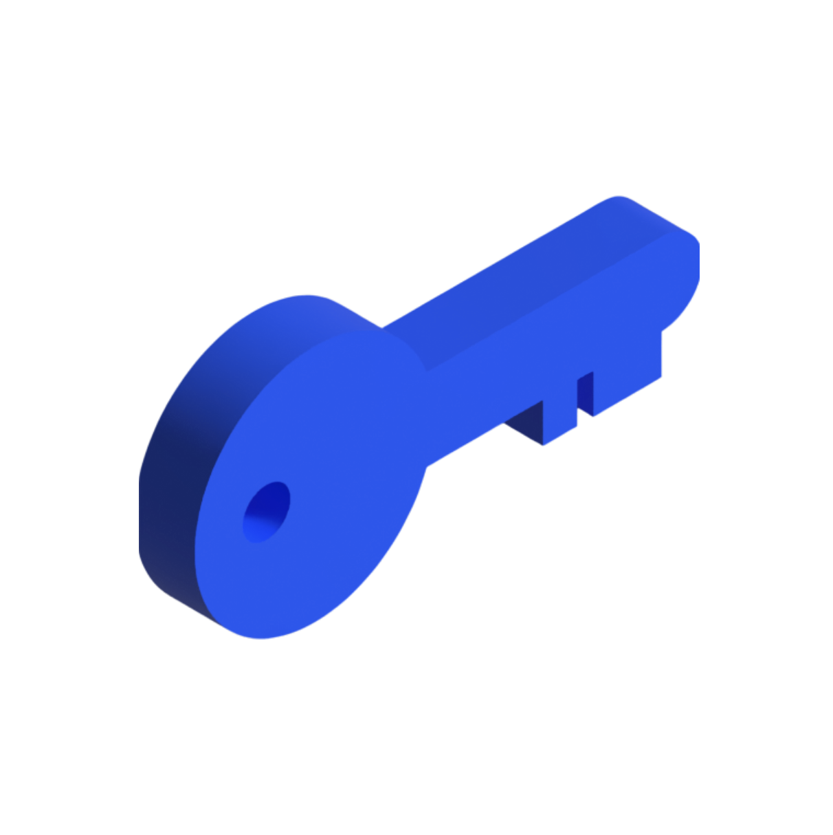 Blue 3D-rendered key with a round head and rectangular shaft on a white background.