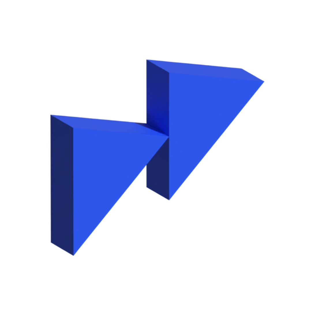 Two connected blue 3D arrows pointing diagonally upward and downward on a white background.