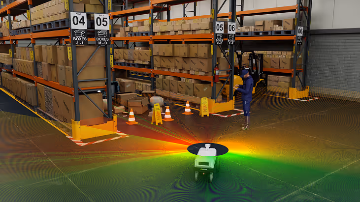 Warehouse scene with shelves full of boxes, a worker using a handheld device, and a small automated robot scanning with colorful sensor waves.