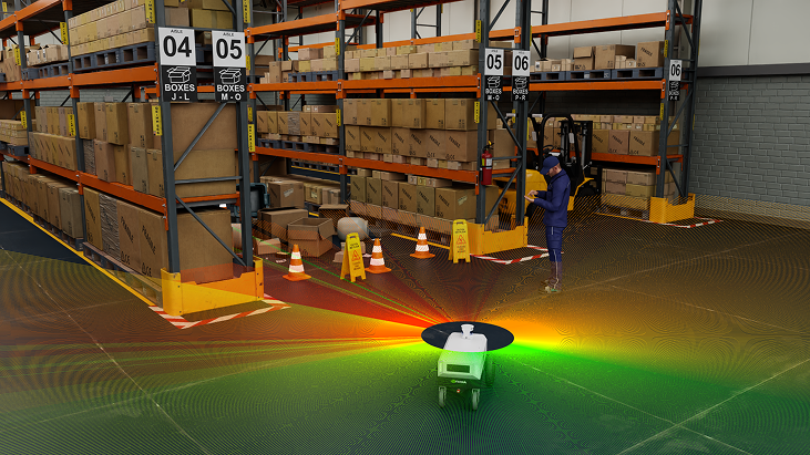Warehouse scene with shelves full of boxes, a worker using a handheld device, and a small automated robot scanning with colorful sensor waves.