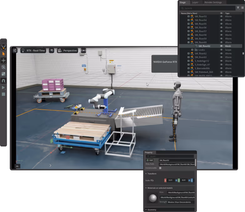 3D modeling interface showing a warehouse scene with a robotic arm, carts, wooden pallets, a human-like robot figure, and UI panels for object properties and layers.