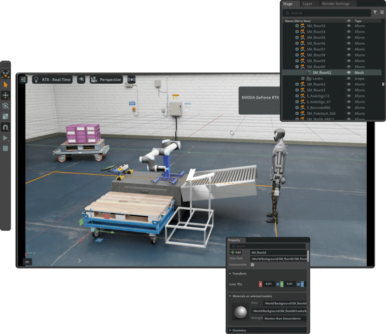 3D modeling interface showing a warehouse scene with a robotic arm, carts, wooden pallets, a human-like robot figure, and UI panels for object properties and layers.