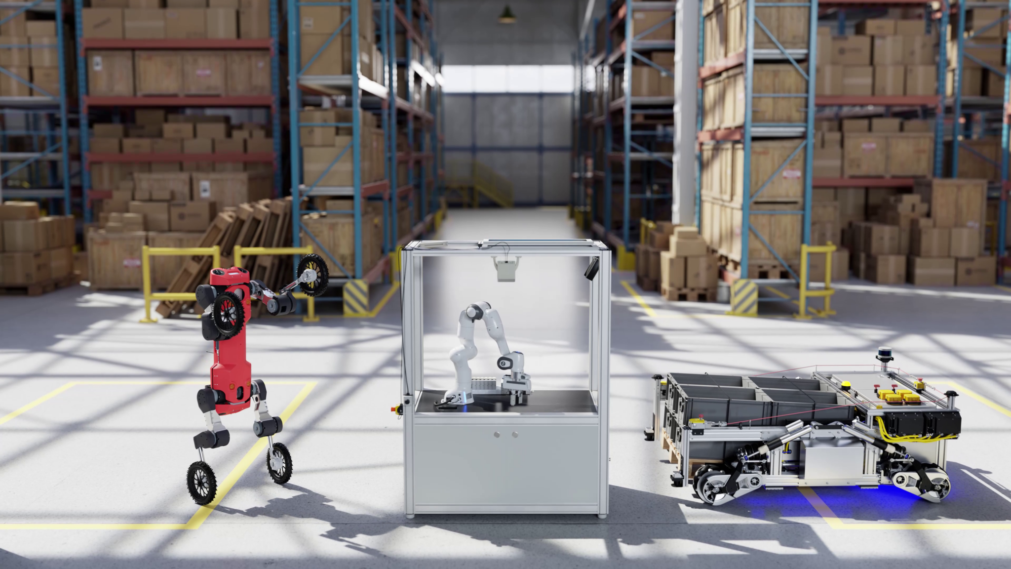 Three advanced robots in a warehouse: a red biped walking robot, a robotic arm inside a transparent enclosure, and a low autonomous cart with storage bins.