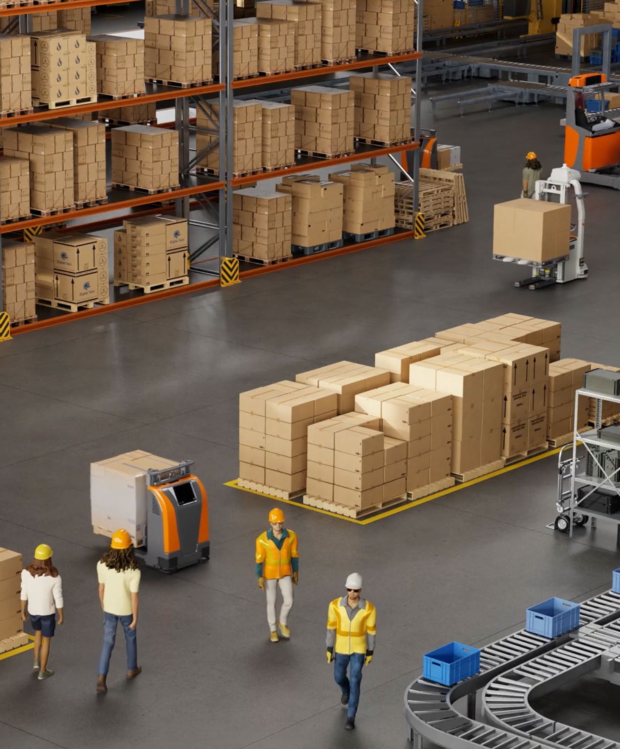 Warehouse interior with shelves stacked with cardboard boxes, workers in safety gear, and automated machinery handling packages.