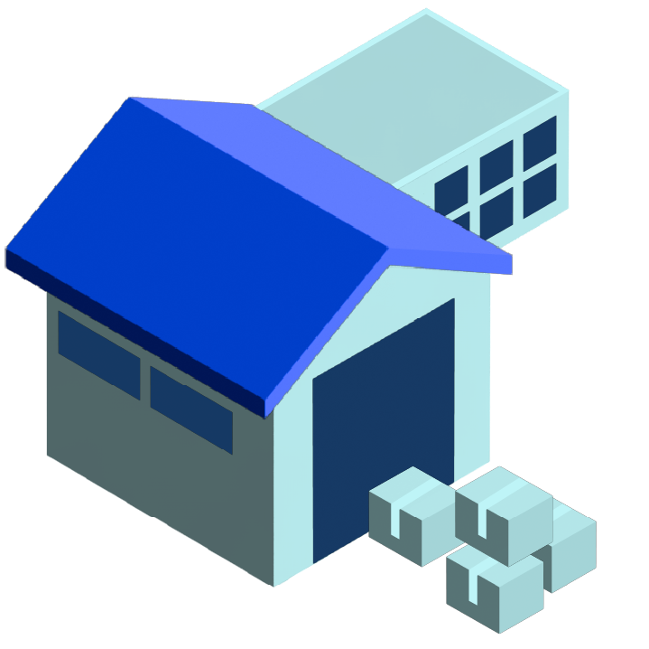 3D illustration of a warehouse building with a blue roof and several stacked boxes outside.
