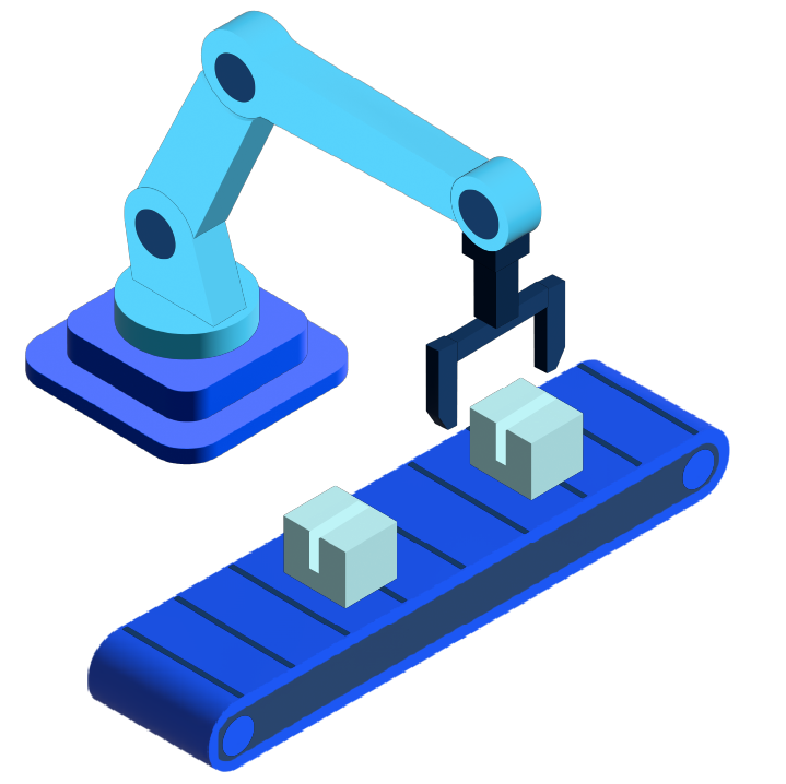 Blue robotic arm picking up boxes on a blue conveyor belt, representing warehouse automation.