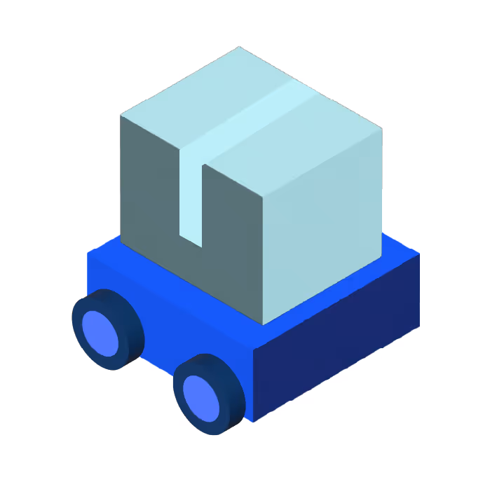 Isometric illustration of a blue autonomous vehicle carrying a large light blue package box.