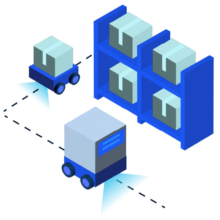 Isometric illustration of two autonomous robots moving boxes near a shelving unit filled with packages, showing route optimization.