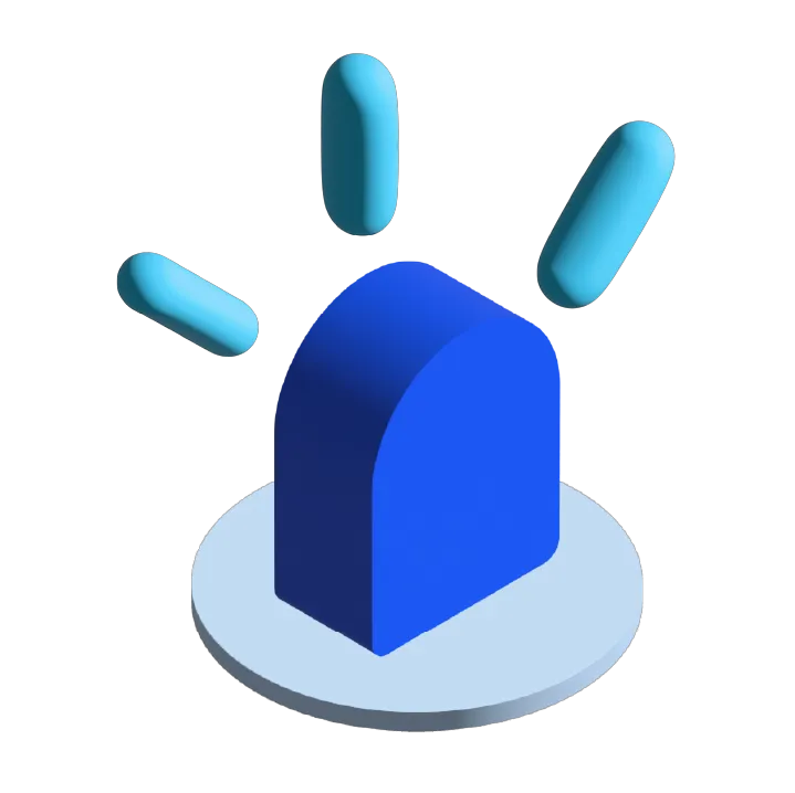 Blue 3D alert siren icon with three curved light beams on a circular base.