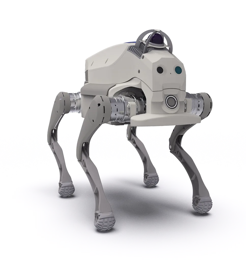 Quadruped robot with four articulated legs and a camera sensor in front.