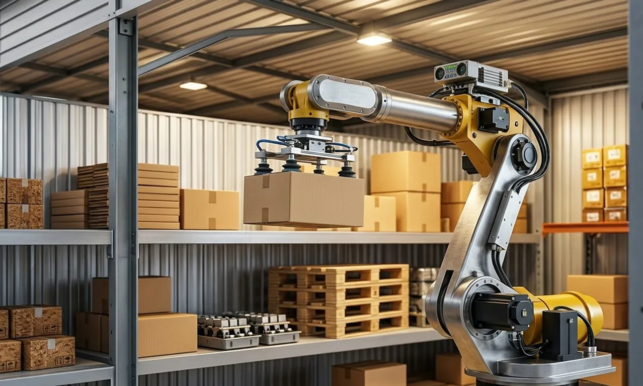 Illustration of industrial robots executing physical tasks with full coordination