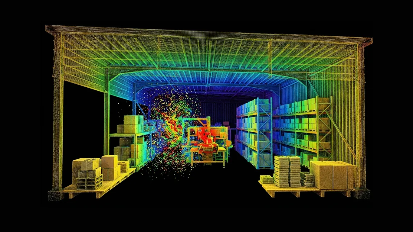 Illustration of two sets of digital city buildings, one transparent and one solid, representing real-time business simulations and strategy testing.