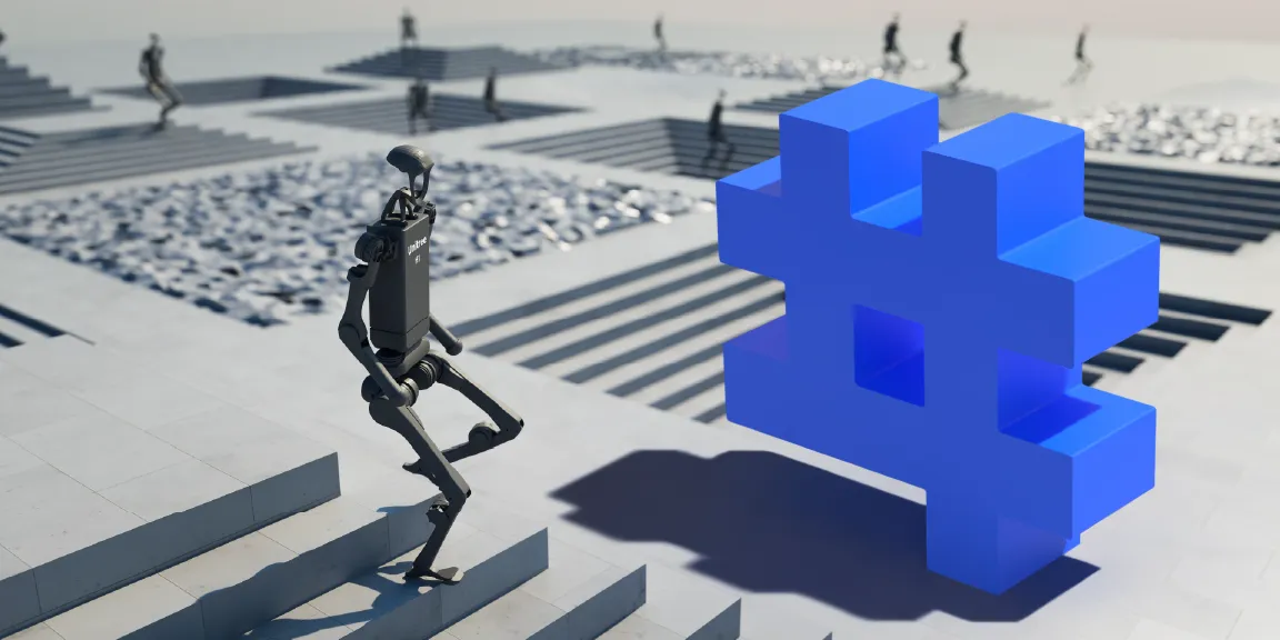 A humanoid robot climbing stairs near a large blue hashtag symbol in a futuristic, geometric plaza.