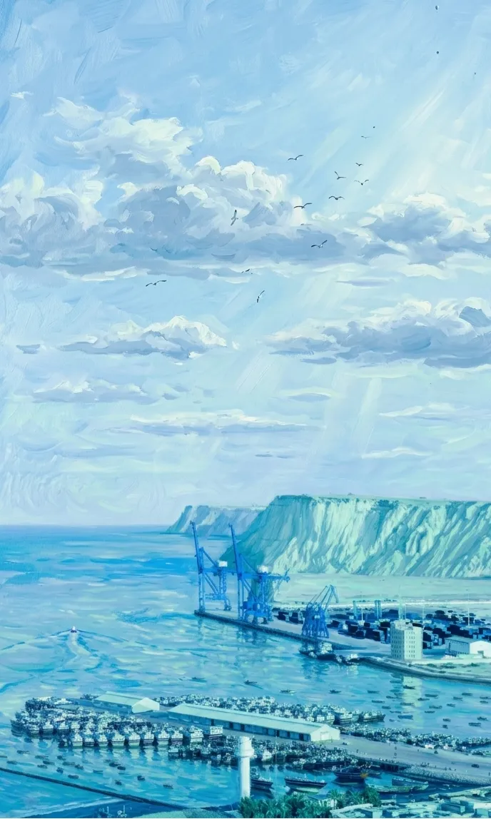 Harbor with blue cranes, boats, and warehouses beside a coastal cliff under a sky with scattered clouds and flying birds.