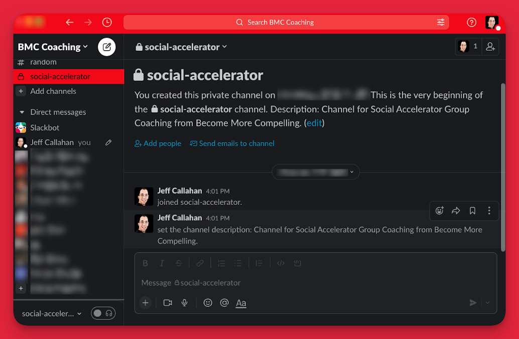 Example of Social Accelerator Slack Channel