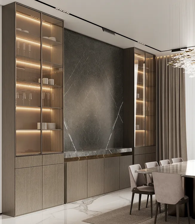 Modern vanity interior with chrome tap and veined marble countertop.