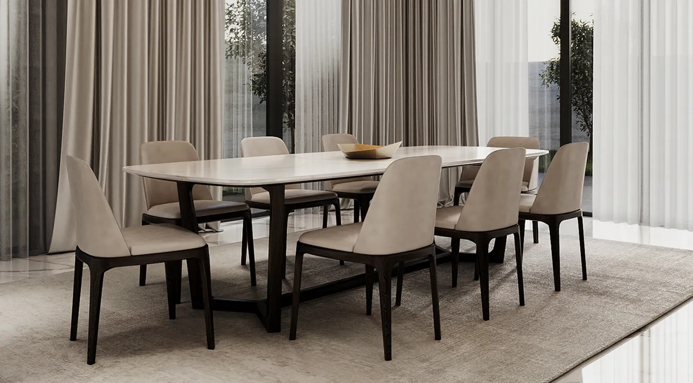 Luxury dining room interior design with marble-clad wall and an elegant storage unit in a private villa in Al Barari.