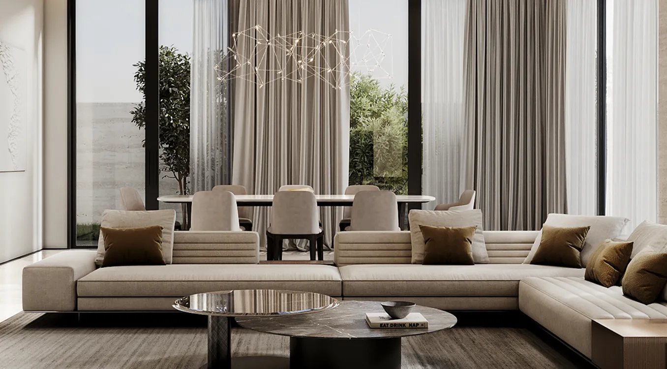 Luxury living area interior with open-plan design and floor-to-ceiling windows.