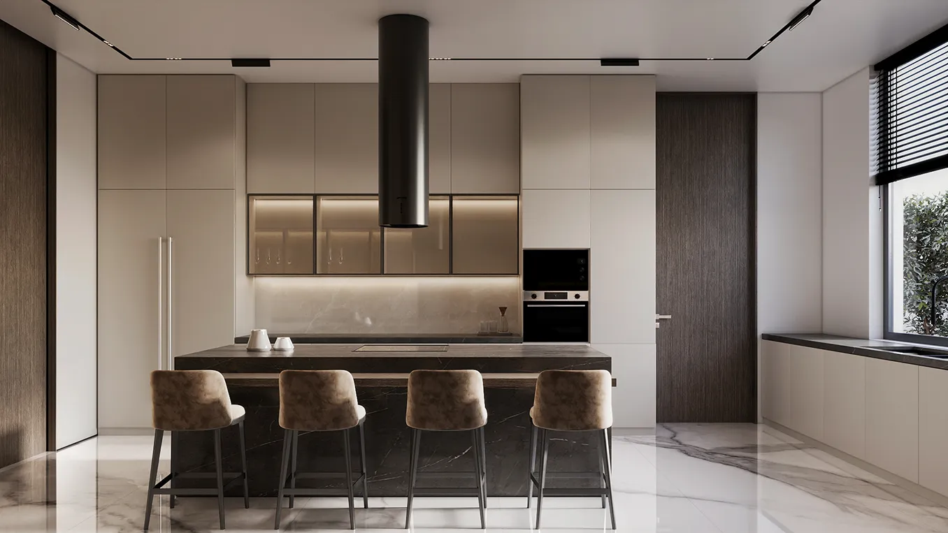 Minimalist kitchen interior with marble island, automated blinds, and expansive windows in a private villa.
