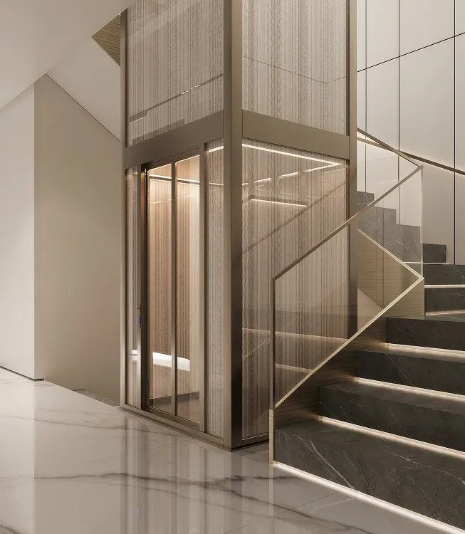 Modern home office with wooden shelves and expansive windows in a private villa.