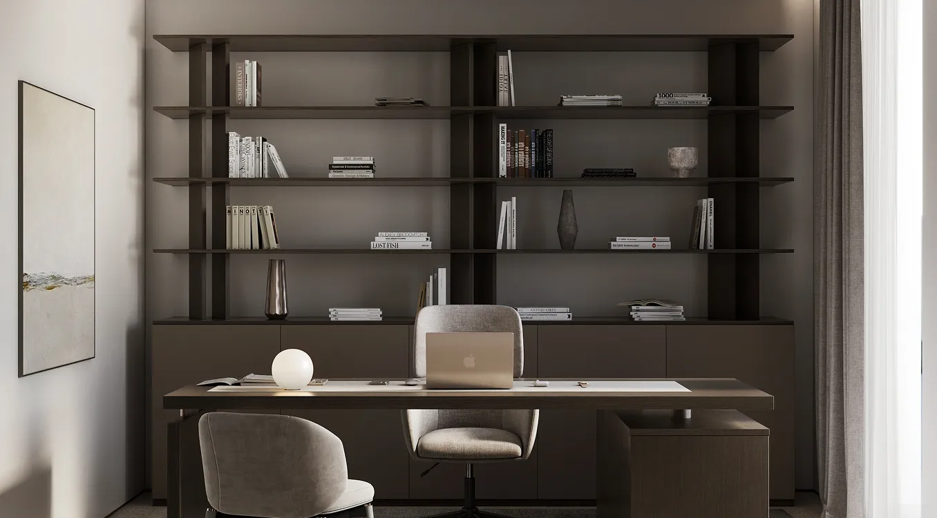 Modern bedroom interior design with upholstered bed and dark fluted wood accent wall.