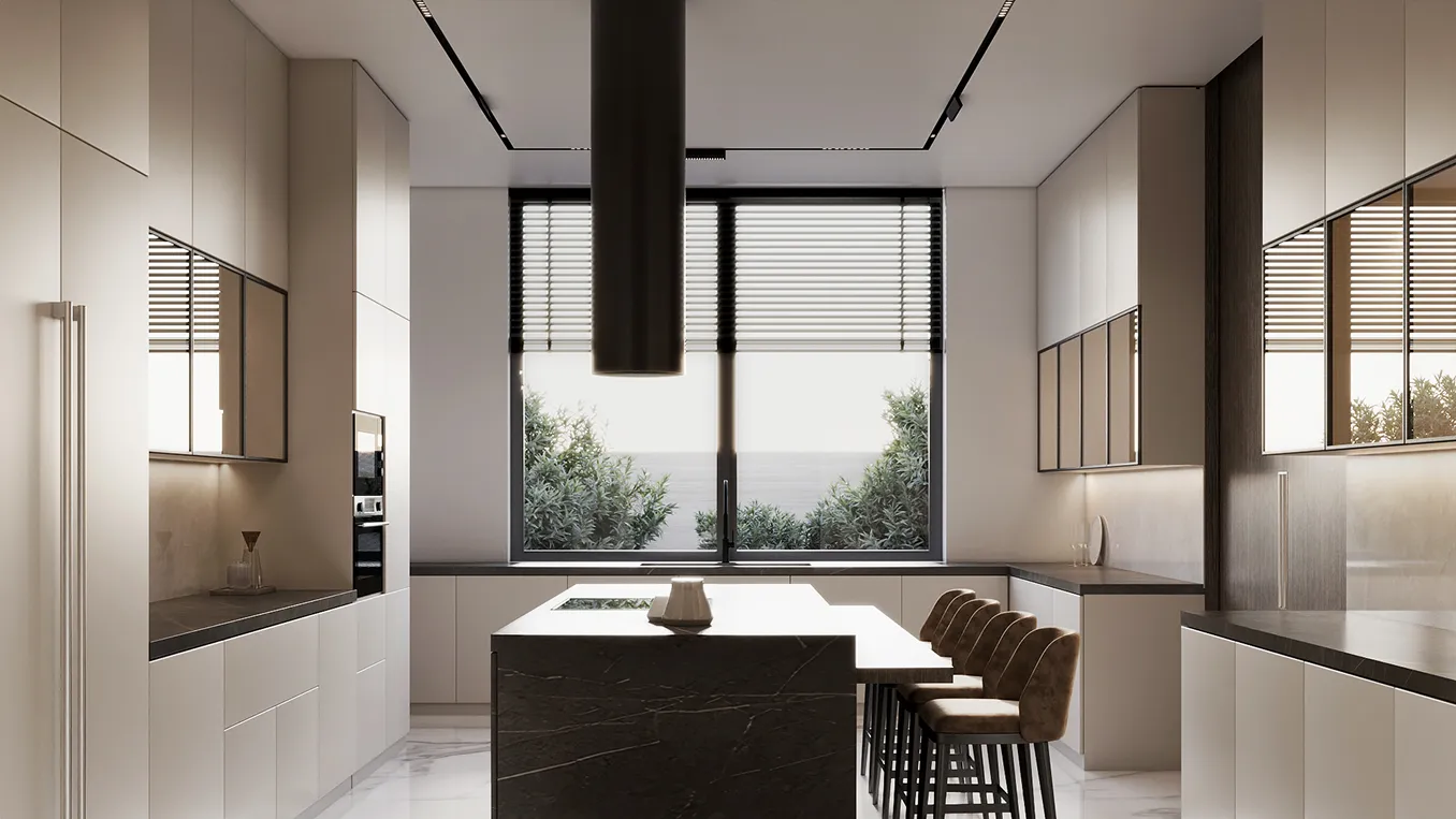 Modern interior with a glass elevator and a staircase with glass railing.