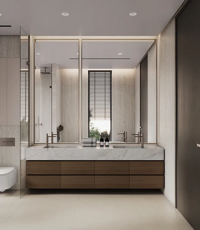 Luxury bedroom interior with upholstered bed and darkwood-toned wall panels in a private villa.