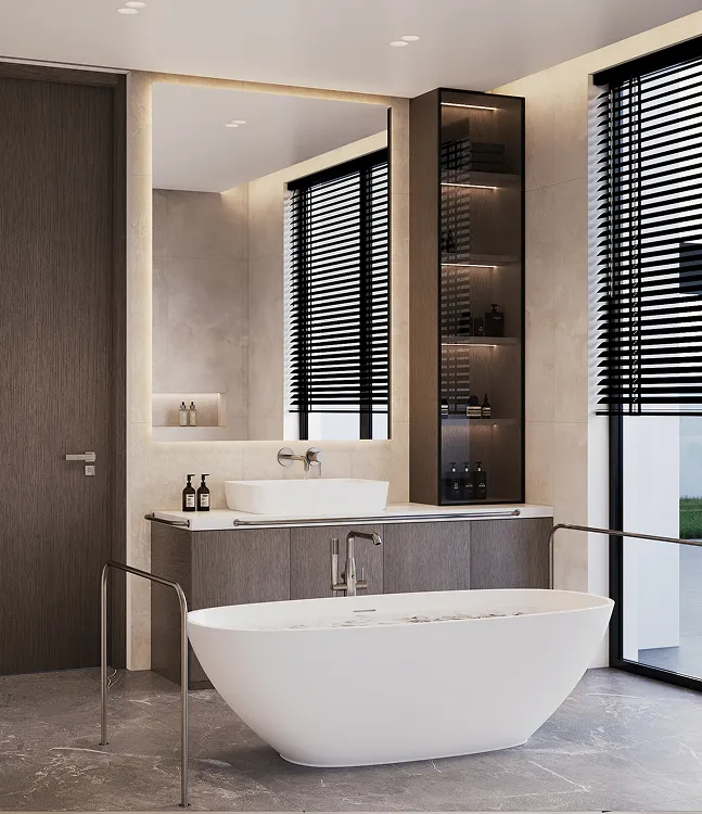 Modern twin bedroom interior with accent wall, shelf unit, and minimalist art.