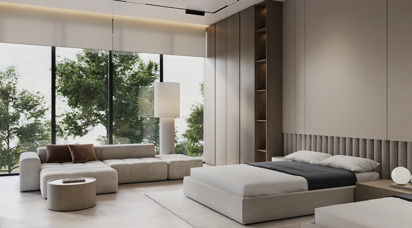 Luxury shower area interior featuring a modular shower and recessed shelves.