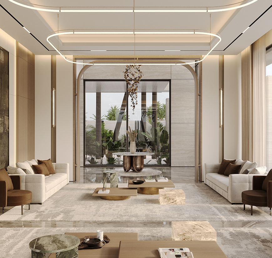 Luxury villa interior design featuring a built-in pool in Dubai.