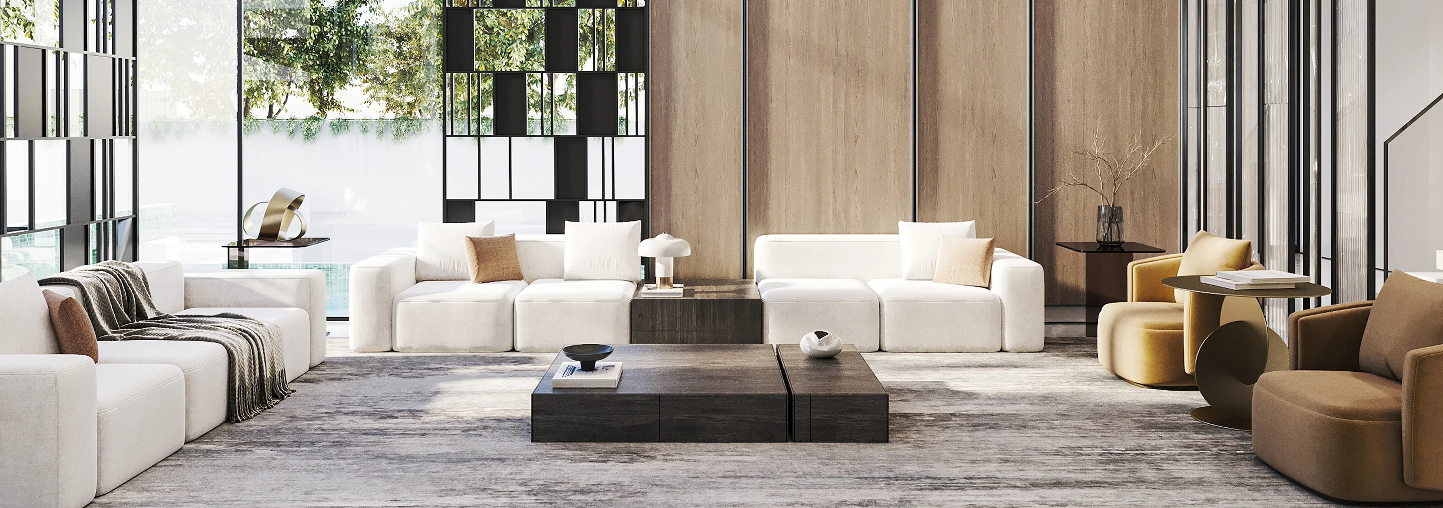 Modern living room interior design with modular seating and floor-to-ceiling windows in a luxury villa in Dubai.